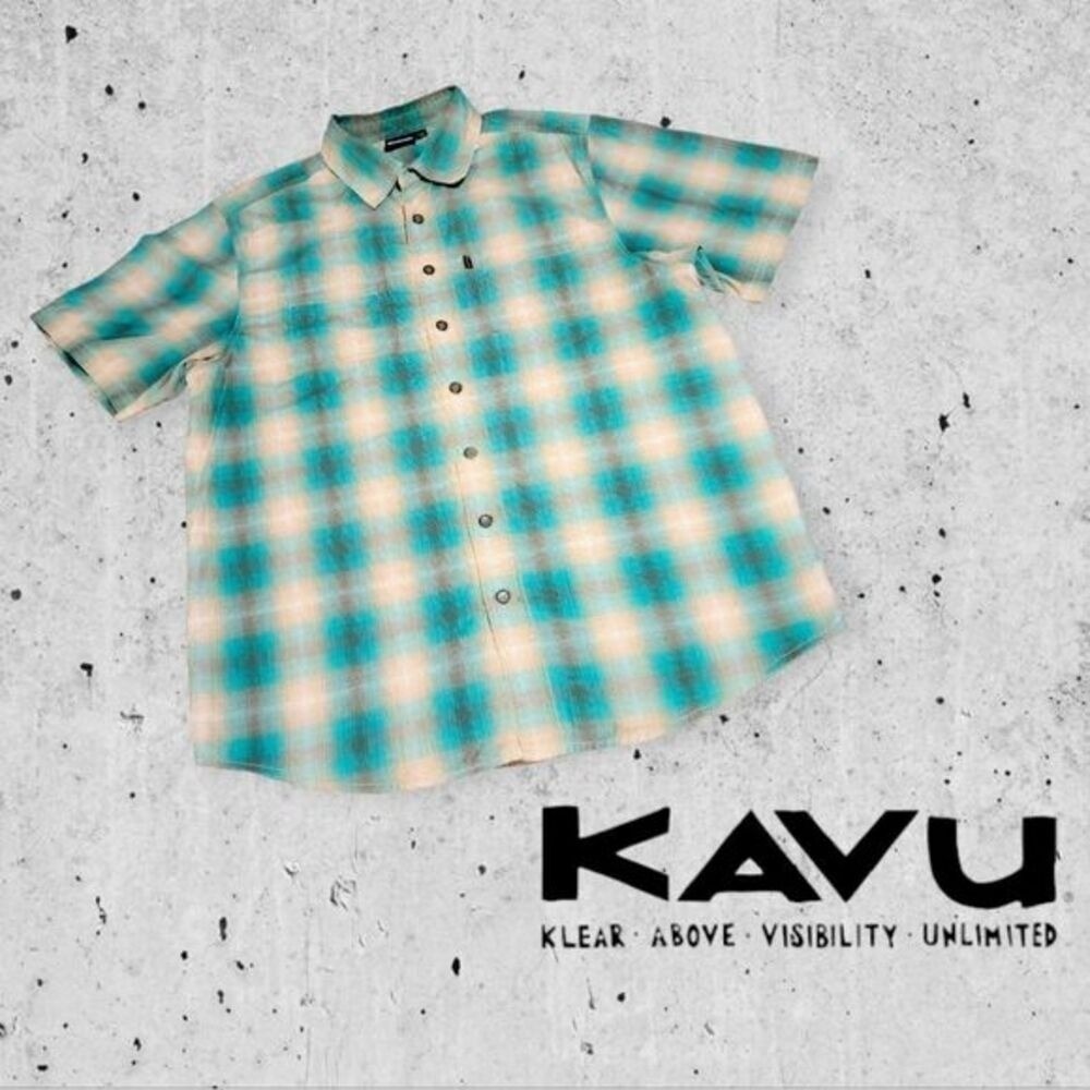 KAVU Mens Bobby SS Button Up Shirt Turquoise & Sand Plaid L FLAW